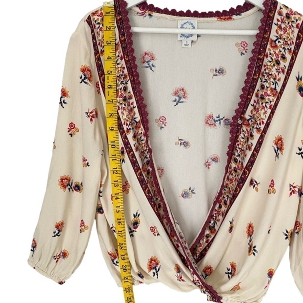 BLUE RAIN Blouse Surplice Boho Floral Creamy White Burgundy Trim Women Size S - Picture 9 of 15